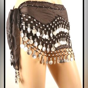 NIP Black & Sliver belly dancing hip skirt wrap renaissance gypsy pirate costume